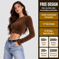 Pull court en maille douce et moelleuse pour femme FNJIA, col rond, manches longues, en peluche brossée
