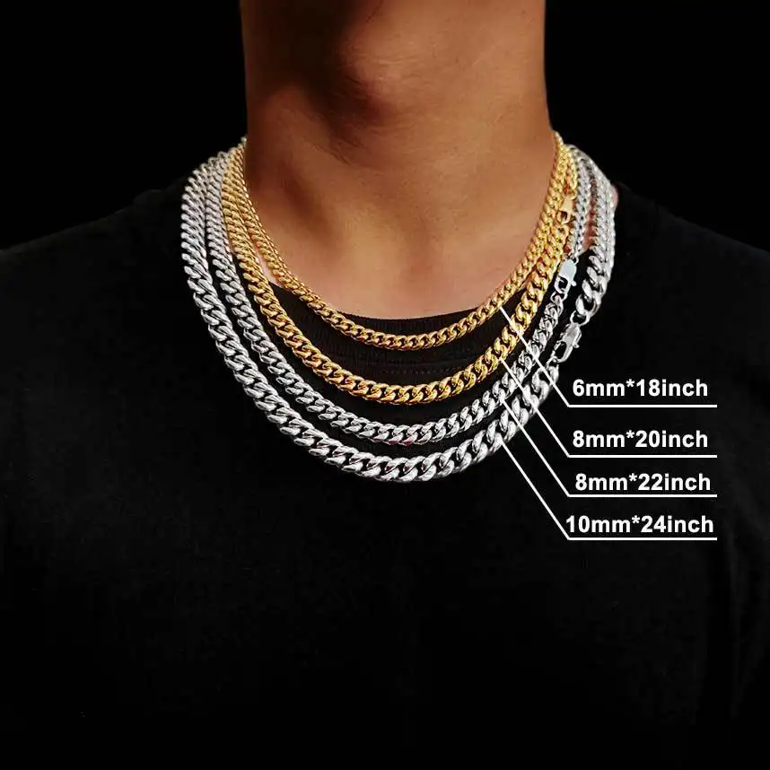 4/5/6/7/8/10mm 24K Real Gold Plating Stainless Steel Miami Cuban Link Chain Necklace Jewelry Chunky Men Chain Necklace