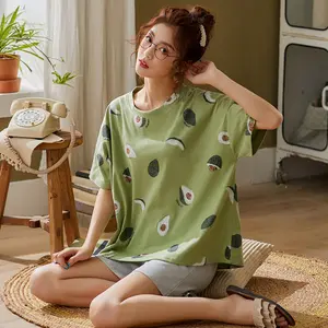 Conjunto de roupa de dormir feminina, pijamas verdes de abacate femininas, estampa de abacate, 100% algodão