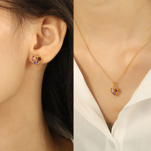 Conjunto de Joyería de Zirconia Pulida Impermeable con Colgante de Corazón Brillante y Aretes, Chapado en Oro, de Acero Inoxidable para Mujer - Product Image 4