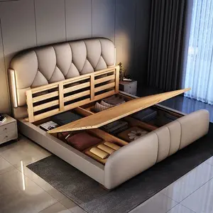 Italian Light Luxury Leather Bed Marriage Room Bed Large Apartment Storage Bedroom Apartment Villa Use