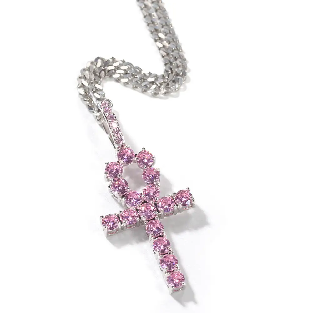 Fashion Jewelry Hiphop Real Gold Plated Cz Iced Out Pink Zircon Ankh Key Cross Pendant Necklace For Women Men