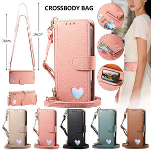 Funda de Teléfono con Diseño de Corazón Láser, Cierre Magnético de Cuero PU con Cremallera, Cordón Largo Colgante, Color Puro, Ranura para Tarjetas - Product Image 1