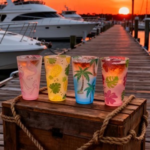 แก้วพลาสติกสีชมพูพาสเทลลายทรอปิคอลสำหรับงานปาร์ตี้สละโสด ตกแต่งด้วยลายฟลามิงโกและใบปาล์ม - Product Image 2