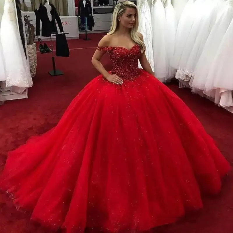 Real Pictures Off The Shoulder Neckline Heavy Beaded Bodice Chinese Red Ball Gown Wedding Dress Bridal Gown