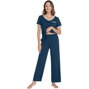 ชุดนอนผู้หญิงแบบกำหนดเอง เสื้อแขนสั้น กางเกงขายาว ผ้าเรยอน เนื้อนุ่ม คอวี ชุดนอน 2 ชิ้น ไซส์ S-XXL - Product Image 2