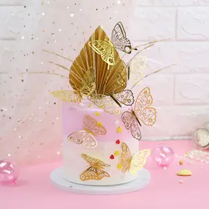 12 buah set kertas kupu-kupu topper alat kue dekorasi emas perak Selamat Ulang Tahun memanggang