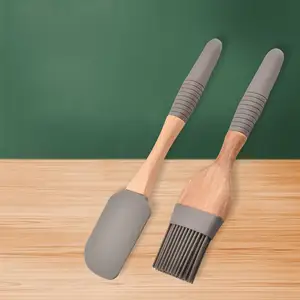 Escova de concha de silicone, punho de madeira, pincel de silicone resistente a alta temperatura, cerdas macias, escova de silicone para cozinha