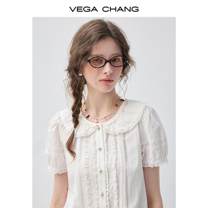 VEGA CHANG Camicetta <span class=keywords><strong>Bianca</strong></span> con Bordo in <span class=keywords><strong>Pizzo</strong></span> e Collo a O per Donne, Manica Corta, Orlo con Volant, Bottoni Frontali, Top Casual con Peplum - Product Image 4