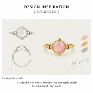 Anillo de Cuarzo Rosa, Acero Inoxidable, Chapado en Oro de 14K al Vacío, Cabujón Redondo, Anillo Geométrico - Product Image 2