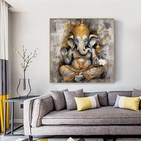 100% hecho a mano religión Ganesha Extra grande pared arte abstracto gris lienzo Original arte Buda pintura enmarcada pared arte