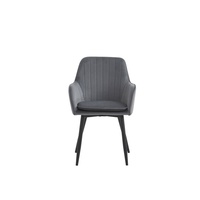 Fauteuil de salle à manger élégant et luxueux en velours gris avec pieds en métal noir et coussin