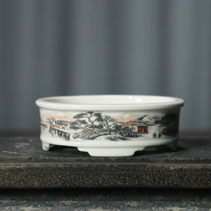 Maceta Ovalada de Cerámica para Bonsái, Pintada a Mano con Paisaje, Estilo Chino, Macetero de Porcelana Blanca - Product Image 2