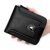 Dompet Kulit PU Pendek Pria Vintage Terbaru dengan Ritsleting dan Kancing Pengunci, Dompet Kartu Pria Berkapasitas Besar