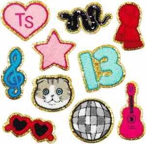 Patch brodé créatif thermocollant, thème chanteur populaire, 13 motifs : Guitare rose vif, Chat, Serpent, Écharpe rouge, Lumière disco, pour décoration DIY - Product Image 5