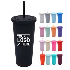 Custom Logo 16oz 24oz BPA Free <b>Double</b> <b>Wall</b> Matte Rubber Finish Tumbler Promotional Gift Plastic Coffee <b>Mug</b> with Straw and Lid - Product Image 1