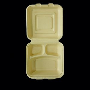 Boîte à clapet compostable jetable en pulpe de bambou à 3 compartiments de 9 pouces pour plats à emporter et fêtes - Product Image 4