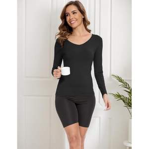 Custom Women's Bamboo Viscose <b>Long</b> <b>Sleeve</b> Sleep Top V Neck Slim Fit Basic T <b>Shirt</b> - Product Image 4