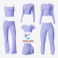 Ensemble de yoga 2 pièces pour femme : haut court à manches longues avec décolleté en V profond et lien, pantalon évasé à taille plissée – Idéal pour l'entraînement, le Pilates, la gym, les tenues de sport et de détente