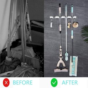Modern Stainless Steel No-Punching <b>Mop</b> and Broom Holder <b>Wall</b> Mount with Multiple Hooks for Kitchen Storage - Product Image 5