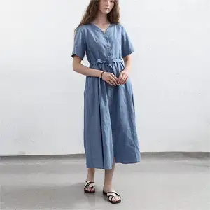 OEM High Quality Summer Spring Loose Solid Blue Casual V Neck Short Sleeve Midi Button Front Ladies Cotton Linen Wrap Belt Dress