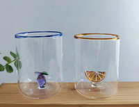 Tasse en verre borosilicate fait main, résistante à la chaleur, avec ornement 3D en forme de fruit, 400 ml, bord coloré, réutilisable pour café, jus, eau