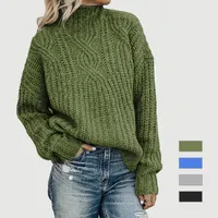 Осень-зима 2021, Женский однотонный вязаный пуловер свободного кроя с высоким воротником, свитер, одежда из 100% акрила, вязаная одежда для женщин