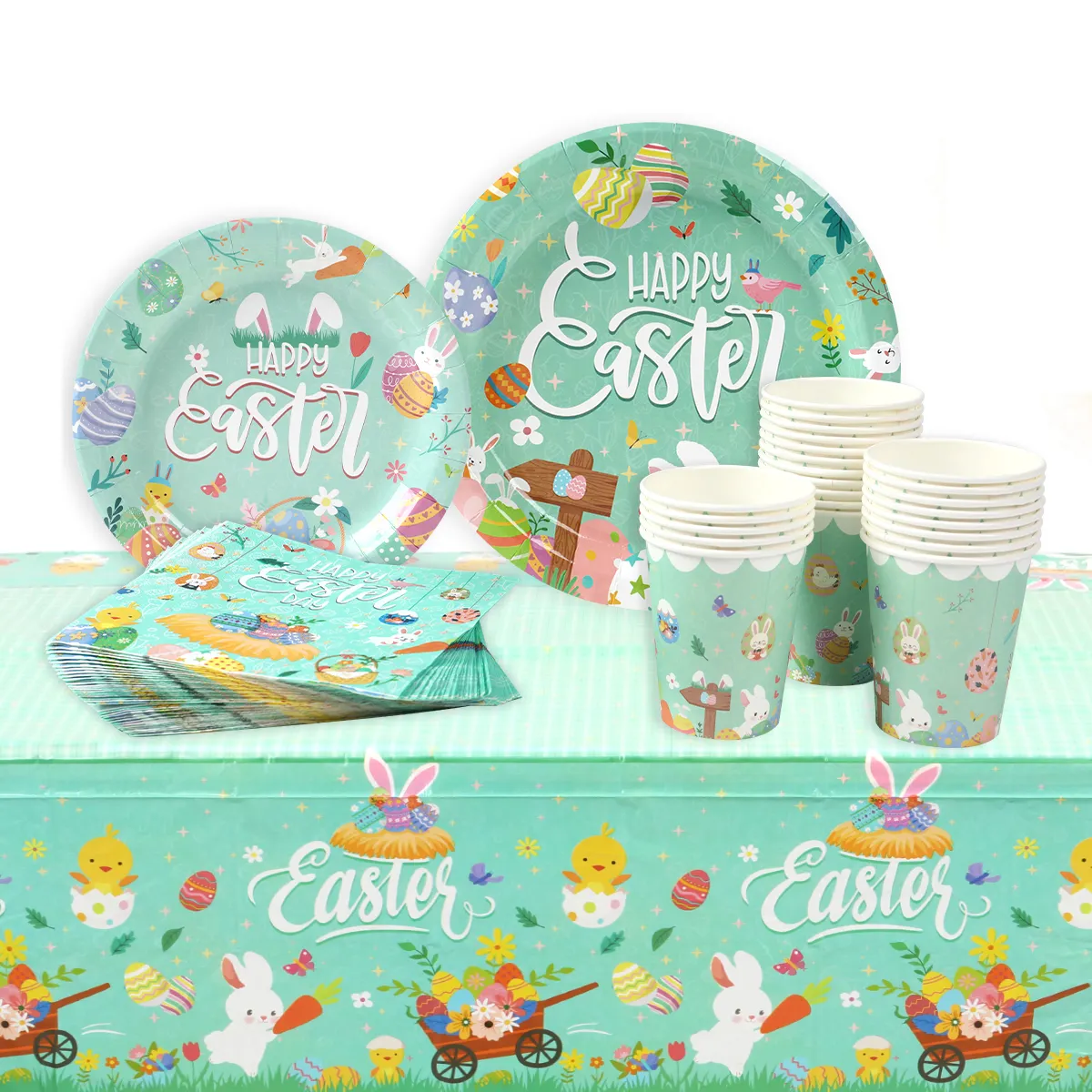 Easter Bunny Disposable Tableware Set Serving 12 People Party Tableware Paper Plates Cups Napkins For Easter Decoration