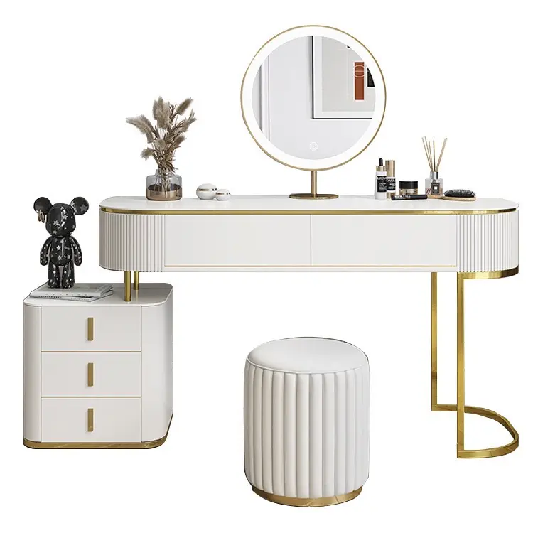 आधुनिक सोने पैर ड्रेसर तालिका प्रकाश लक्जरी श्रृंगार मेज बेडरूम फर्नीचर संगमरमर ड्रेसिंग टेबल दर्पण और दराज के साथ