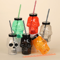 Nouveauté 16oz éclairage LED Halloween gobelet tasse clignotant en plastique crâne Mason Jar tasse avec couvercle et paille