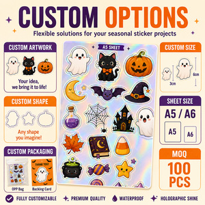 Feuilles d'autocollants holographiques personnalisés pour Halloween, découpés à la forme, imperméables, faciles à décoller, pour albums, journaux, bouteilles d'eau, fêtes - Product Image 4