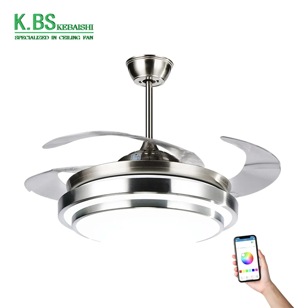 KBS 42 Inch 3 ABS Blades BLDC Motor Retractable Invisible Led Ceiling Fan With Light And Remote
