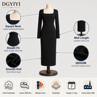 Robe fourreau en maille opaque premium 280 GSM, col carré, douce et confortable, élégante, à manches longues, longueur midi, pour femme, avec logo personnalisé OEM