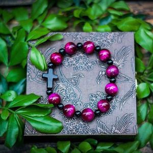 Natural Rose <b>Red</b> Tiger's Eye Cross <b>Bracelet</b> Beaded Jewelry 10mm Plum <b>Red</b> Religious Ceremonies - Product Image 1