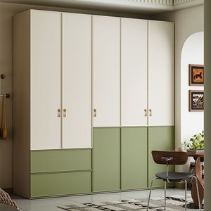 Armoire moderne crème et verte à blocs de couleur, du sol au plafond, avec quincaillerie dorée, armoire de rangement multifonctionnelle pour chambre à coucher - Product Image 2