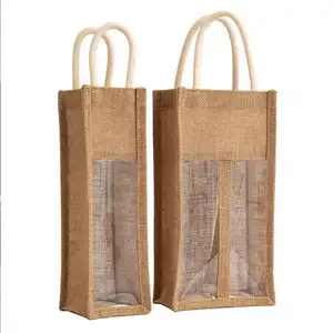 Wholesale High Quality Custom Recycle Jute Wine Bag With Clear Window Eco Friendly Durable Wine Bottle Bag