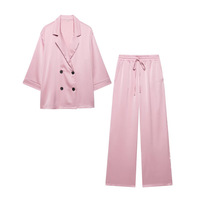 Ensemble 2 Pièces Décontracté Femme : Veste Longue à Manches Froncées et Pantalon Large Fluide Pour l'Été