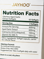 JAYHOO Gélules d'extrait d'ail vieilli sans odeur, 60 capsules, 600 mg par portion, avec CoQ10 Ubiquinol et Vitamine K2 MK-7