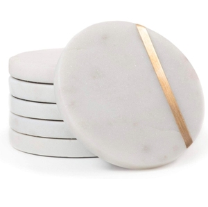 Posavasos de Mármol Blanco Natural Pulido de Lujo Ecológico con Base/Soporte de Metal Dorado, Antideslizantes, Acolchados con Fieltro, Resistentes a las Manchas - Product Image 1