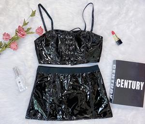 ชุดบราแบบพัน3ชิ้นกระโปรงสั้นสำหรับไนท์คลับชุดผ้าพียูสำหรับผู้หญิงชุดชั้นในเซ็กซี่สีดำ - Product Image 6