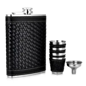 custom logo leather wrapped hip flask gift set stainless steel travel flask matte black men flagon whiskey alcohol hip flask