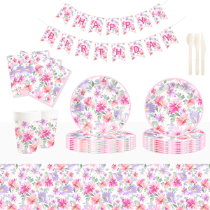 DAMAI - Juego de Vajilla Desechable con Diseño de Flores para Fiestas de Cumpleaños Infantiles, Incluye Platos de Papel, Servilletas y Mantel - Product Image 1