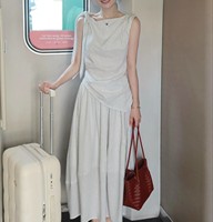 Ensemble Complet de Costume d'Été Rayé Style Français pour Femme - Haut Sans Manches en Polyester Longueur Mi-Mollet Super Tendance Tenue 2026