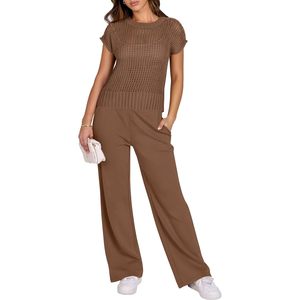 Ensemble deux pièces pour femmes, haut en tricot crocheté transparent, pantalon large, ensemble décontracté respirant pour le printemps et l'été - Product Image 2