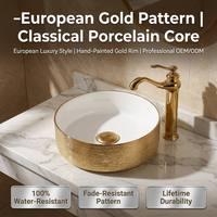 Lavabo en céramique blanc classique, motif floral doré, forme bol profond, rebord électroplaqué, en porcelaine cuite à haute température, pour comptoir