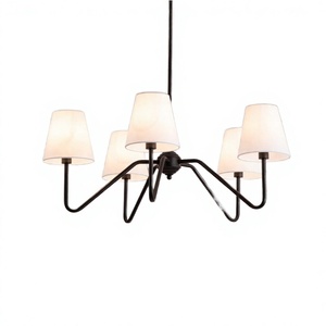 Lámpara de araña de hierro negro de 5 luces con pantallas de tela tipo campana, bombilla LED E27, 2700K, blanco cálido, para sala de estar - Product Image 3