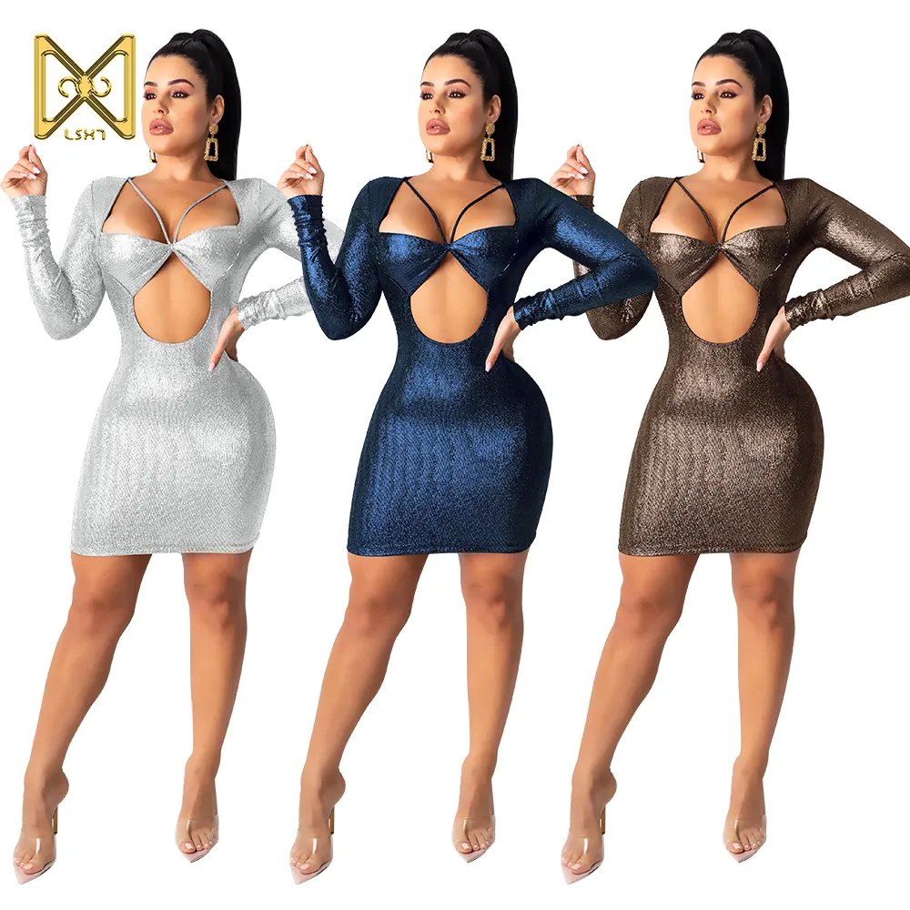 2021 New arrivals women's Sexy hollowed-out halter wrap bust long sleeve slim mini skirt casual pleated dresses for club wear