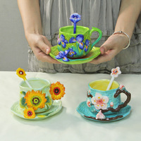 Ensemble tasse et soucoupe en céramique classique, peint à la main en 3D, ciel étoilé, tournesols, tasse à thé artistique pour l'après-midi