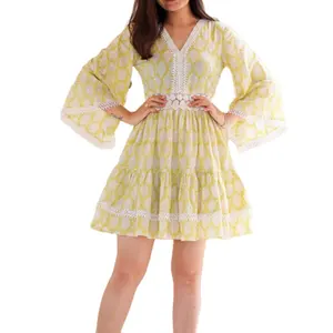 New Style Fashion V-neck Yellow Floral Mini Dress Flare Sleeved Casual Dresses 2024 Elegant Embroidery Design Casual Dress