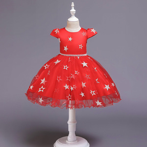 Vestido de tul bordado con estrellas rojas para niñas, vestido de princesa con cuello redondo y corte en A, verano 2019 - Product Image 3